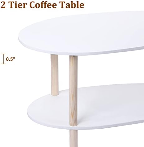 Mesa de café oval, mesa de café de madeira pequena para sala de estar, mesa de café moderna de meados do século para escritório em casa, mesa de sofá de duas camadas, branco, 15,7 '' d x 31,5 W x 17,2 h