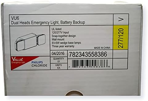 Philips Vu6 Luz de Emergência de Cabeças de Duas; Lâmpadas de base de cunha 6V/6W; Entrada 120/277V; Desconecção de baixa tensão, bloqueio CA e proteção de surto; Backup da bateria; Circuitos de estado sólido; Chave de teste