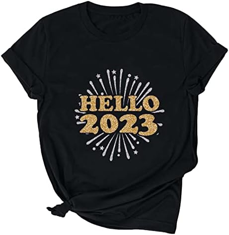 Caminhada de manga curta feminina Hello 2023 Tops de estampa redonda Blusa de pulôver de camisetas