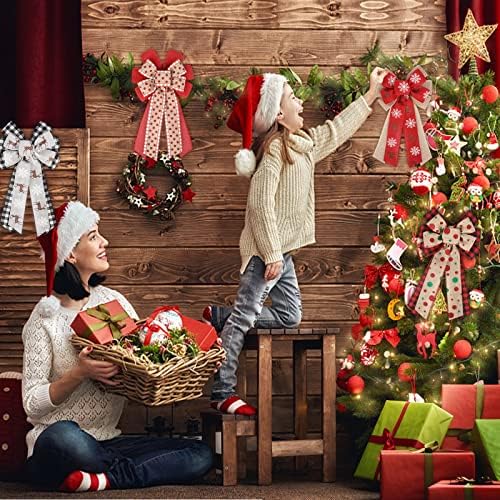 LUCLEAG 4PCS Christmas Wreath Wreath Bow, 7,9 x 13,0 polegadas grandes Buffalo Plaid Snowflake Linen Christmas Bow para decoração de natal, arco de grinalda para decoração de presente de parede de parede externa em parte externa
