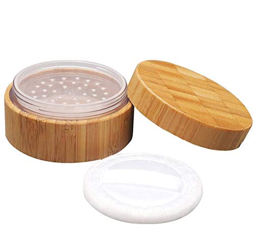 1pk Bambu de bambu vazio em pó solto recipiente de estojo de sopro com puff macio de esponja e tampas de peneir