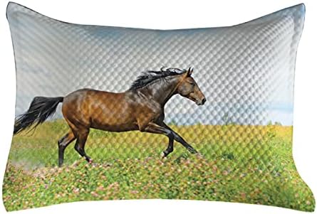 Ambesonne Animal acolchoado Caso de travesseiros, cavalos galope em Flor Meadow Rural Freedom Animal, capa padrão