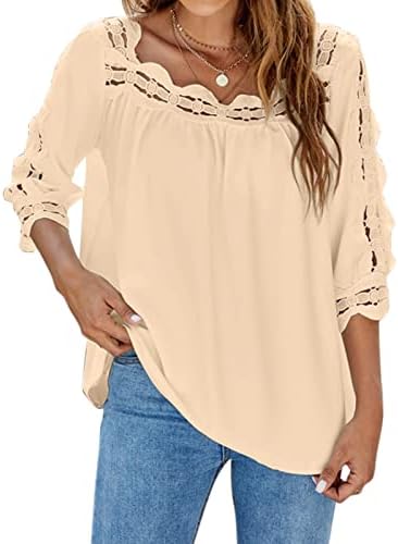 Camisa de algodão de manga comprida feminina para mulheres, botão de pescoço quadrado de crochê de renda