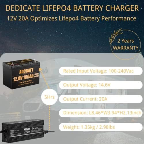 ADCBATT 14.6V 20A, carregador de bateria AC-DC inteligente, melhor solução para fosfato de ferro de 12 V, recarga