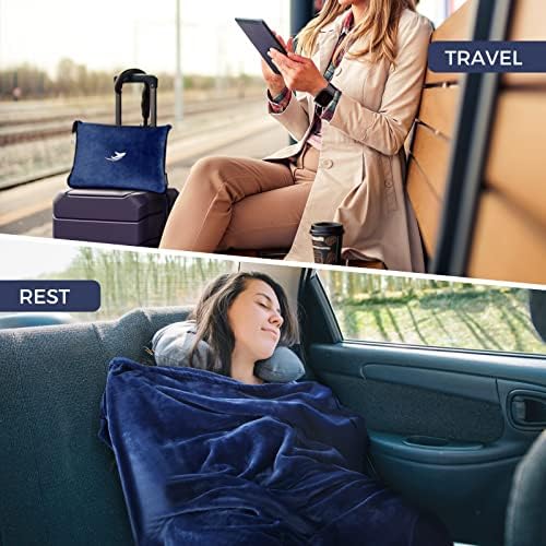 Nowwish Travel Blanket and Pillow - Travel Essentials Gifts for Women On Airplane, Camping, Car - Premium