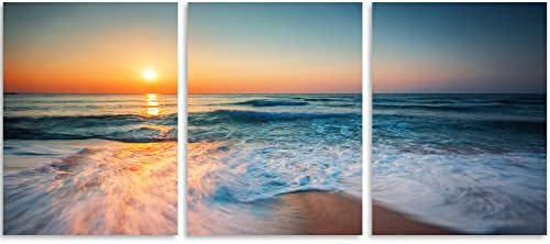 Tutubeer 3 painéis de praia Fotos de parede arte azul mar branco praia em sunrise imagens impressão na lona praia decoração de parede pinturas de praia para decoração de casa esticada e emoldurada fácil de pendurar 16 x 32 x 3 pcs