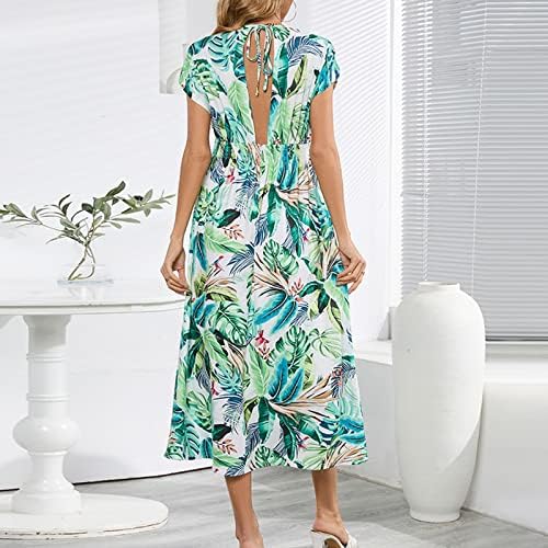 Vestido do Havaí de Ladies Manga curta Estampa de flor tropical maxi vestidos de verão V Vestido de cintura