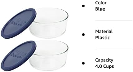 Prato redondo de 4 xícaras de armazenamento pyrex com tampa de plástico azul escuro, transparente