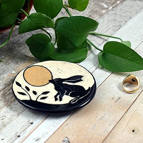 Artesãos modernos Americanos Made Sgraffito Pottery Moon Bunny/Rabbit 4 Ring Dish