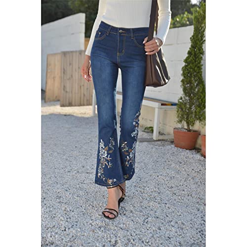 Jeans bordados do tornozelo bordado feminino jeans High Slim Fit Bell Bottom calça jeane