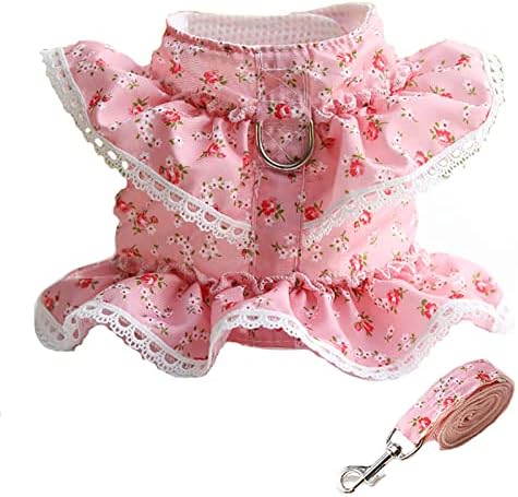 Colete de arnês de vestido de cachorro com coleira, arnês de cachorro rosa de flor, roupas de princesa de cães de