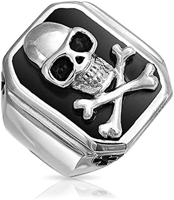 Bling Jewelry Mens Black Caribe Pirata Skull e Cross Bones Retângulo Anel de sinalização para homens Tom de prata Aço inoxidável