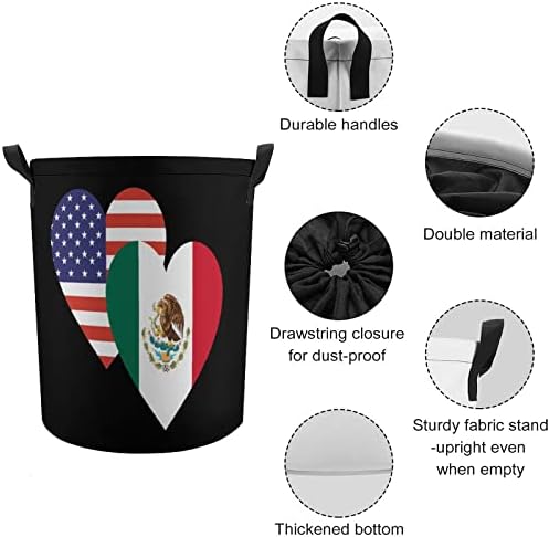 México American Heart Flag Round Roundry Saco de armazenamento impermeável cesto com tampa de cordão
