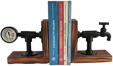 Deconoor Countryside Wooden BookEnd para livros pesados, apoio de livros rústico com tubulação de metal