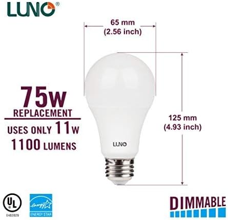 LUNO A19 Bulbo LED diminuído, 11W, 1100 lúmens, 5000k, base média, UL e Energy Star