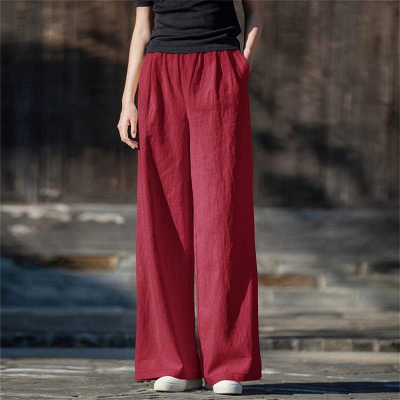 Xangai história elástica feminina de cintura largura calças de salão de pernas largas Palazzo linho de algodão