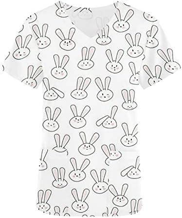 Blusas femininas para o dia da Páscoa coelhos impressos de manga curta V pescoço solto e confortável férias