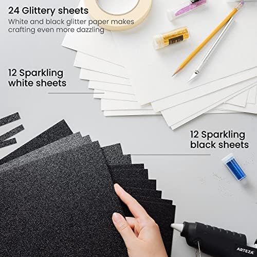 Arteza Glitter Paper, 24 folhas, 12 x 12 polegadas, papel de scrapbook preto e branco, suprimentos de artesanato