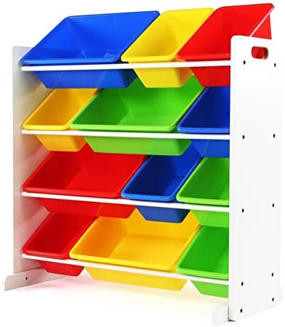 Organizador de armazenamento de brinquedos infantis com 12 caixas de plástico Branco/ Primário MDF contemporâneo