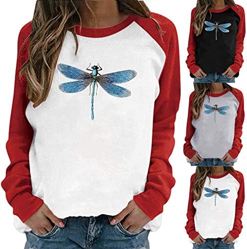 Sorto para feminino Raglan Crewneck Tops Tops fofos de dragonfly impressão camisa de camisa colorida bloco de manga longa Túnica de túnica