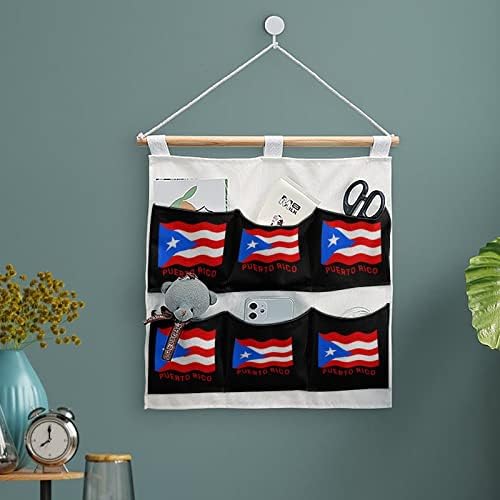 Grosto de parede de bandeira de Porto Rico pendura saco de armazenamento 6 bolsos algodão de linho