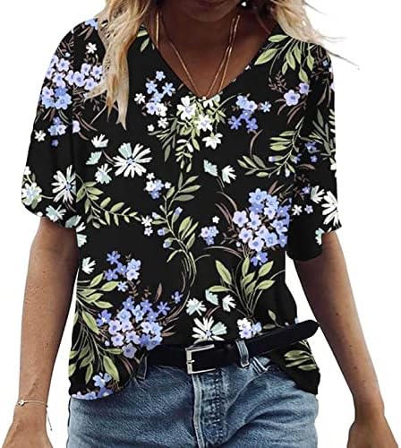 Camiseta solta para mulheres plus size floral estampa vil de pescoço de cola curta túnica túnica de verão