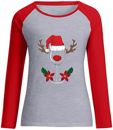 Camisas de Natal para Mulheres, Feliz Feliz Natal Vinho Glass de Papai Noel Hat de Matalha Longa de