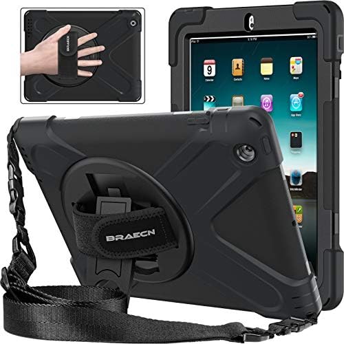 Braecnstock Apple iPad 4º/3º/2ª geração Caso de 9,7 polegadas para crianças, estojo de proteção à prova de choque com protetor de tela, suporte rotativo de 360 ​​°+alça de mão, alça de ombro, estojo para iPad 2/3/4, preto
