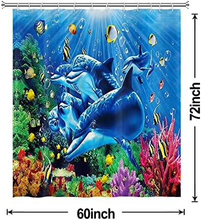 Cortina de chuveiro de golfinhos Gcirec, cortina de chuveiro mundial do oceano subaquático conjunto para banheiros peixes tropicais coloridos e cortina de banheiro à prova d'água à prova d'água azul coral com ganchos, 60x72 polegadas