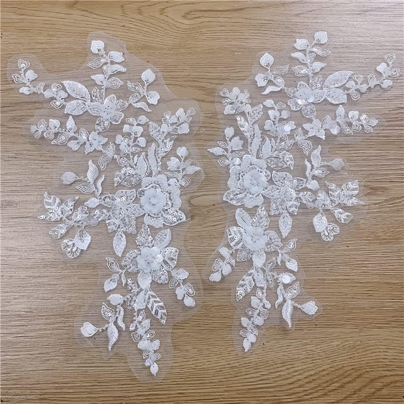 2 Pacote de renda com contas 3D Pacote Tecido: Aplique de renda com miçangas de flores brancas, costure em Bridal