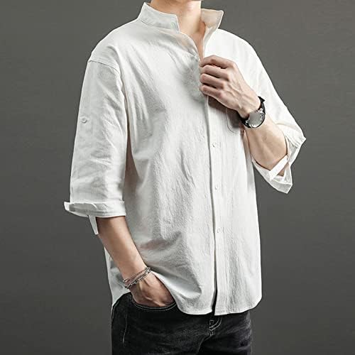 DGHM-JLMY Trendência de colarinho de stand-up da camisa de manga de cinco pontos Camisa de linho de algodão da