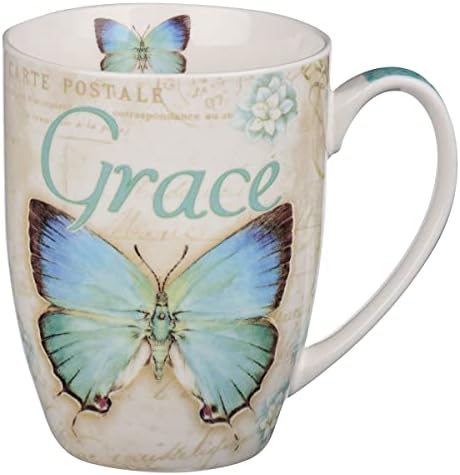 Amazing Grace Butterfly Caneca - caneca de café com teal e borboleta azul botânica com efésios 2: 8, caneca