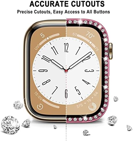 Caixa de bling de 3 pacote para a série de relógios Apple 8 7 45mm com vidro temperado, feminino glitter diamante strass hard pc te tela de protetor de tela para acessórios iwatch, 45 mm, ouro vermelho/rosa/ouro rosa