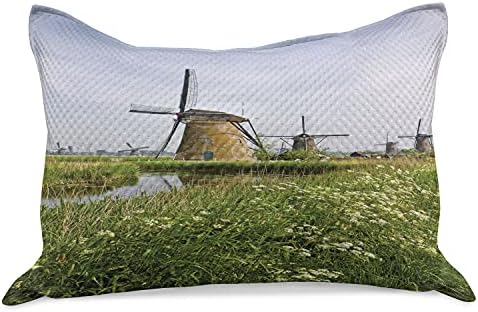 Ambesonne Windmill micotela de colcha de travesseira, paisagem do país na Holanda Spring Blooming