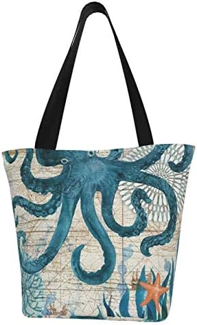 Ocean Animal Octopus Canvas Bag para mulheres, bolsa de supermercado reutilizável, sacolas fofas, sacola de algodão
