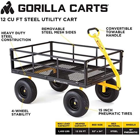 Gorilla Carts Gor1400-Com Carrinho de utilidade de aço pesado com lados removíveis e pneus de 15 , capacidade de 1400 libras.