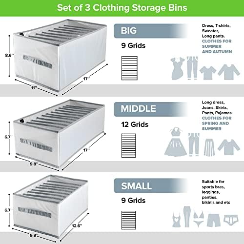 Bella4Home - 3pcs Organizadores de armários dobráveis ​​e caixas de armazenamento de roupas - Lavagem de caixas de armazenamento de tecido dividido para gaveta de roupas ou cinza