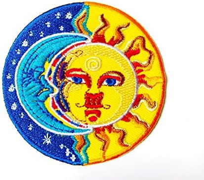 TH Lua e sol meio azul e meia estrela amarela Sunshine Good Dream Ying Yang Happy Hippie Bordado Sew On Ferro