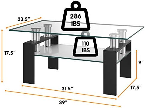 Mesa de café retangular de vidro retangular de tangkula, mesa de café lateral moderna com prateleira inferior,