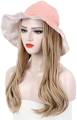 Shzbcdn wig chapéu de pescador chapéu rosa peruca longa peruca de ouro direto Uma personalidade elegante