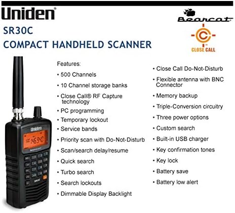 UNIDEN BARCAT SR30C, Scanner de mão compacto de 500 canais e TRAM 1089-BNC Mini-Magnet Antenna VHF/UHF/800MHz-1, 300MHz com conector BNC-Male, 16,15in. x 2,90in. x 1,30in.