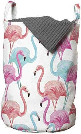 Bolsa de lavanderia de aquarela de Ambesonne, flamingos em muitas cores ilustração de animais exóticos de pássaros desenhados à mão, cesta de cesto com alças fechamento de cordão para lavanderias, 13 x 19, salmão azul pálido