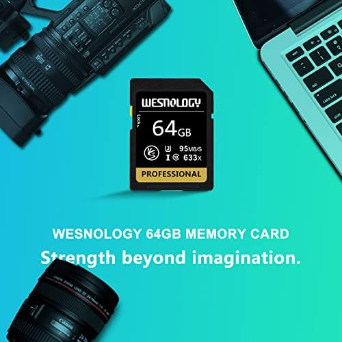 Card de memória de 64 GB, Wesnology Professional 633 x Classe 10 Cartão U3 Cartão de memória câmeras compatíveis com computadores e câmeras de câmera, cartão de memória da câmera até 95 MB/s, amarelo/preto