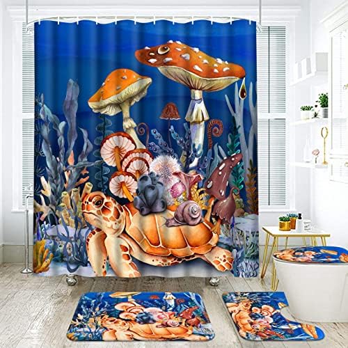 Alishomtll 4pcs cogumelos conjuntos de cortinas com tapete não deslizante, tampa da tampa do banheiro e tapete