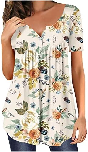 Blusa do lounge para feminino Boat de manga curta Henley pescoço videira floral estampa de túnica manchada