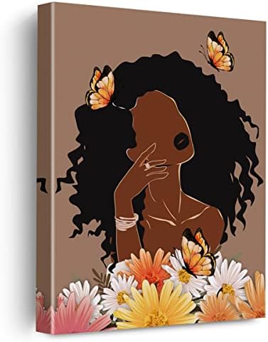 Evxid Floral Afro -American Canvas Poster Pintura Arte da parede, Afo Girl Black Woman Picture Print Artth Artamed Ready to Hang for Home Bedroom Decor 12 x 15 polegadas