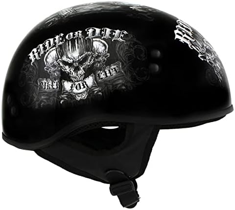Cosos quentes Hld1016 'Ride ou Die' Gloss Black Motorcycle Dot Skull Cap Half Helmet para homens e mulheres Biker - Pequeno