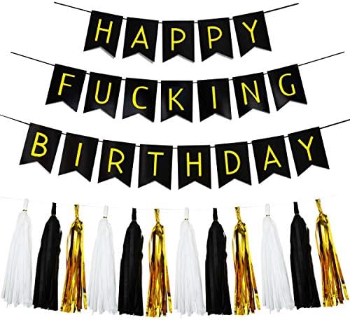 Black Feliz aniversário Banner Bunting e Black White Gold Tissue Papel Tassels Garland Feliz Fing Birthday