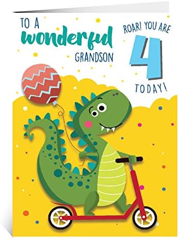 Neto 4º cartão de aniversário | Cartão de aniversário neto, 4 anos, com um dinossauro amigável se divertindo