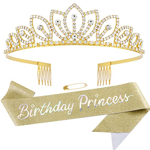Didder Birthday Princess Crown and Sash For Girls Mulheres, Aniversariante Faixa e Tiara Rose Gold Birthday Crown Princesa Decorações de festa para meninas